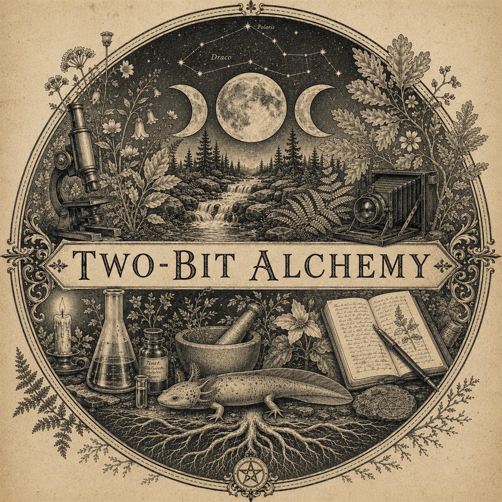 Engraved Two-Bit Alchemy frontispiece with moon phases, scientific tools, plants, and an axolotl.